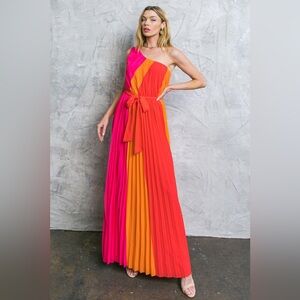 One-Shoulder Colorblock Pleated Maxi Dress in Pink, Orange & Red